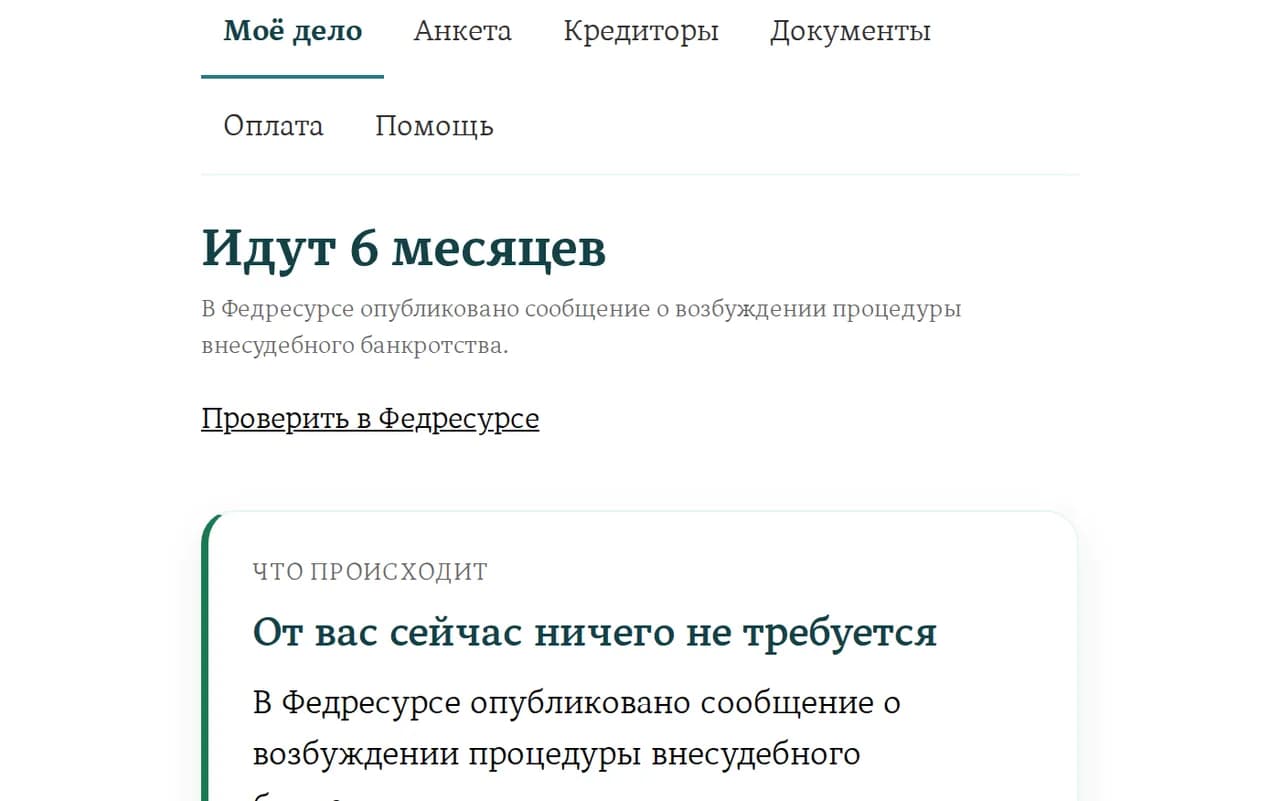 Экран кабинета после подачи: «Идут 6 месяцев», сообщение опубликовано в Федресурсе